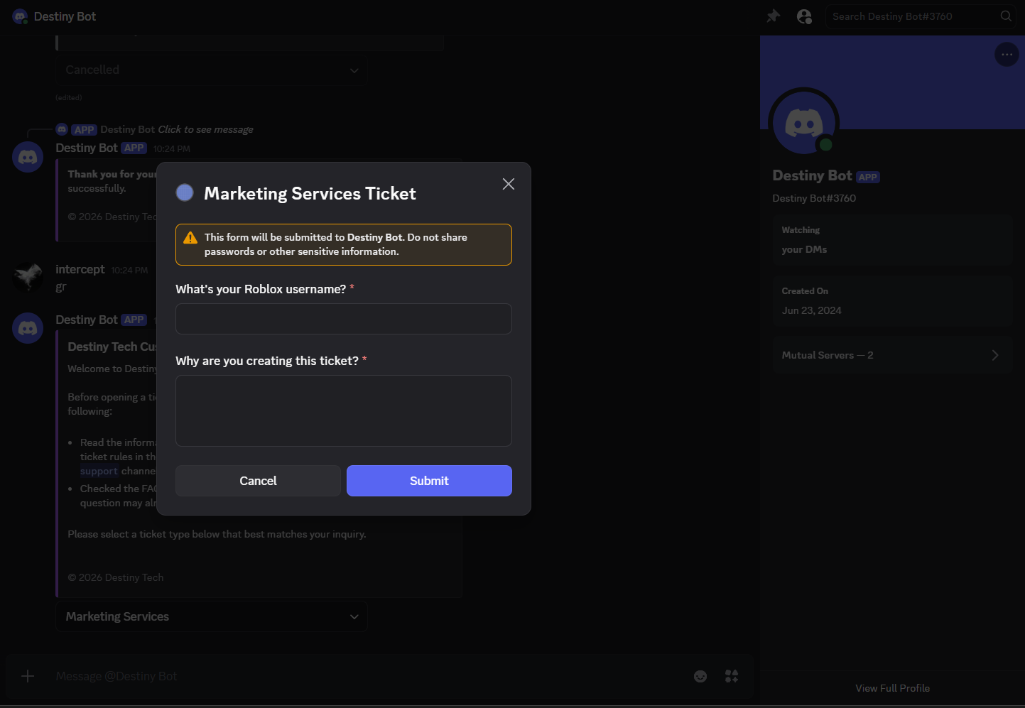 Destiny Ticket Bot preview 3
